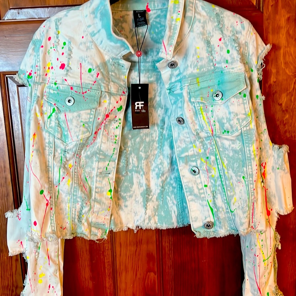 New Red Fix Denim Destress Tie Dye Womens Jacket L NWT Unique Rare